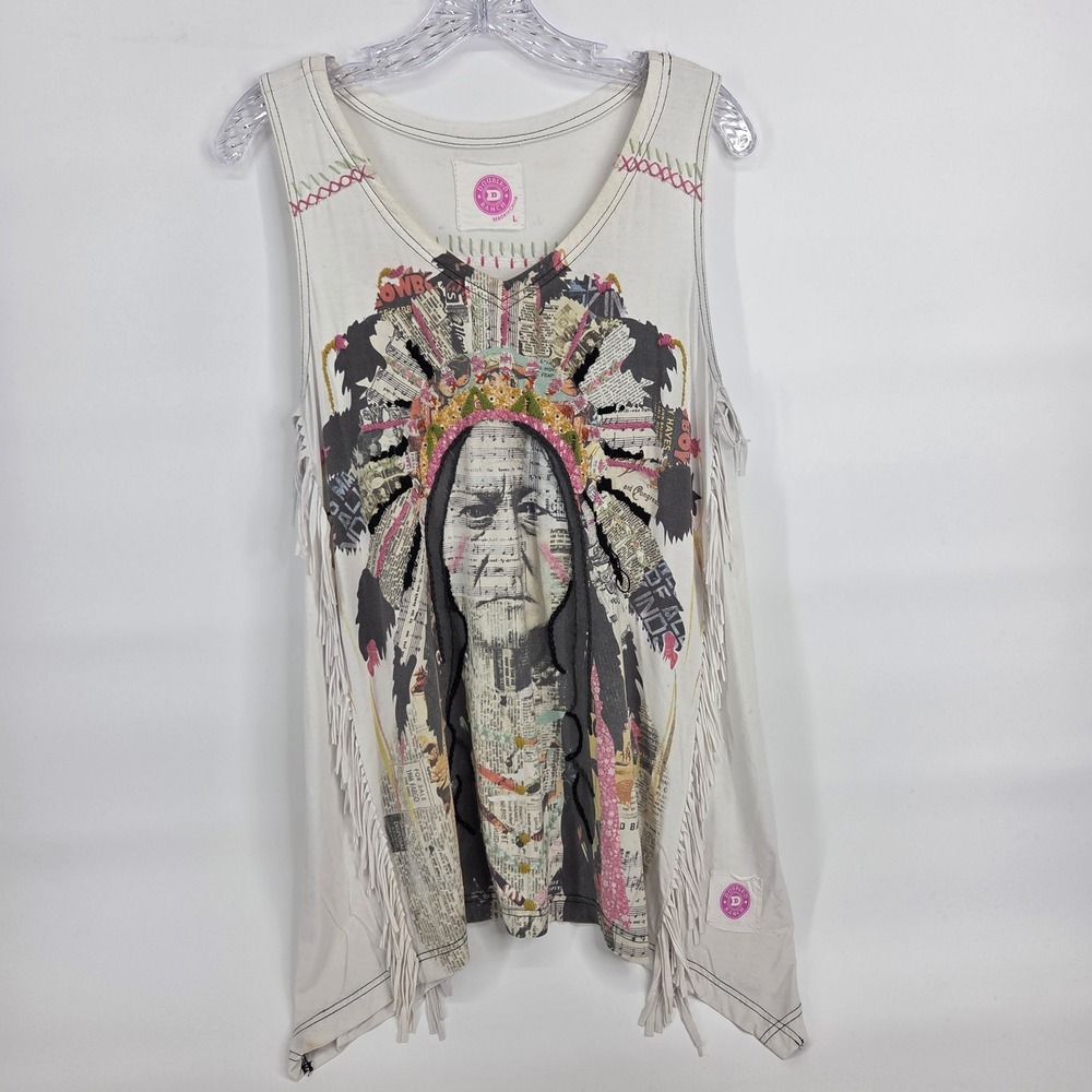 Double D Ranch Tank Top Large White Boho Native American Fringe Headdress